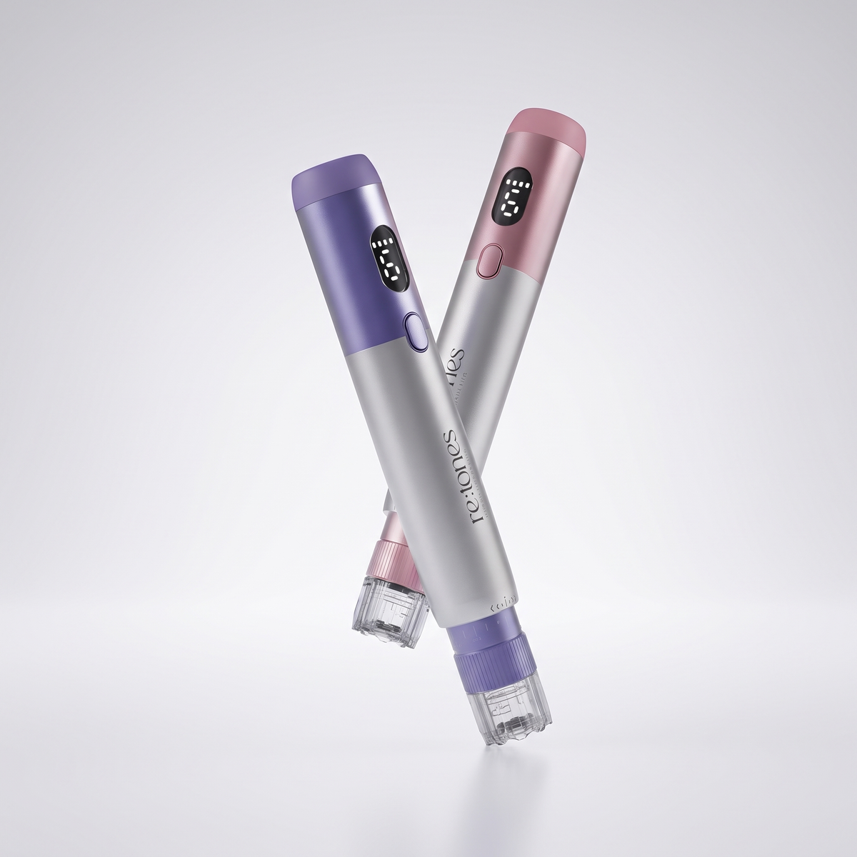 re:tones MTS microneedling device in purple and pink, crossed, showing the OLED display and the clear cartridge tip