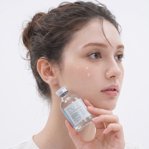 A woman holding the re:tones TXA5 brightening ampoule against her cheek, with the serum applied to her skin